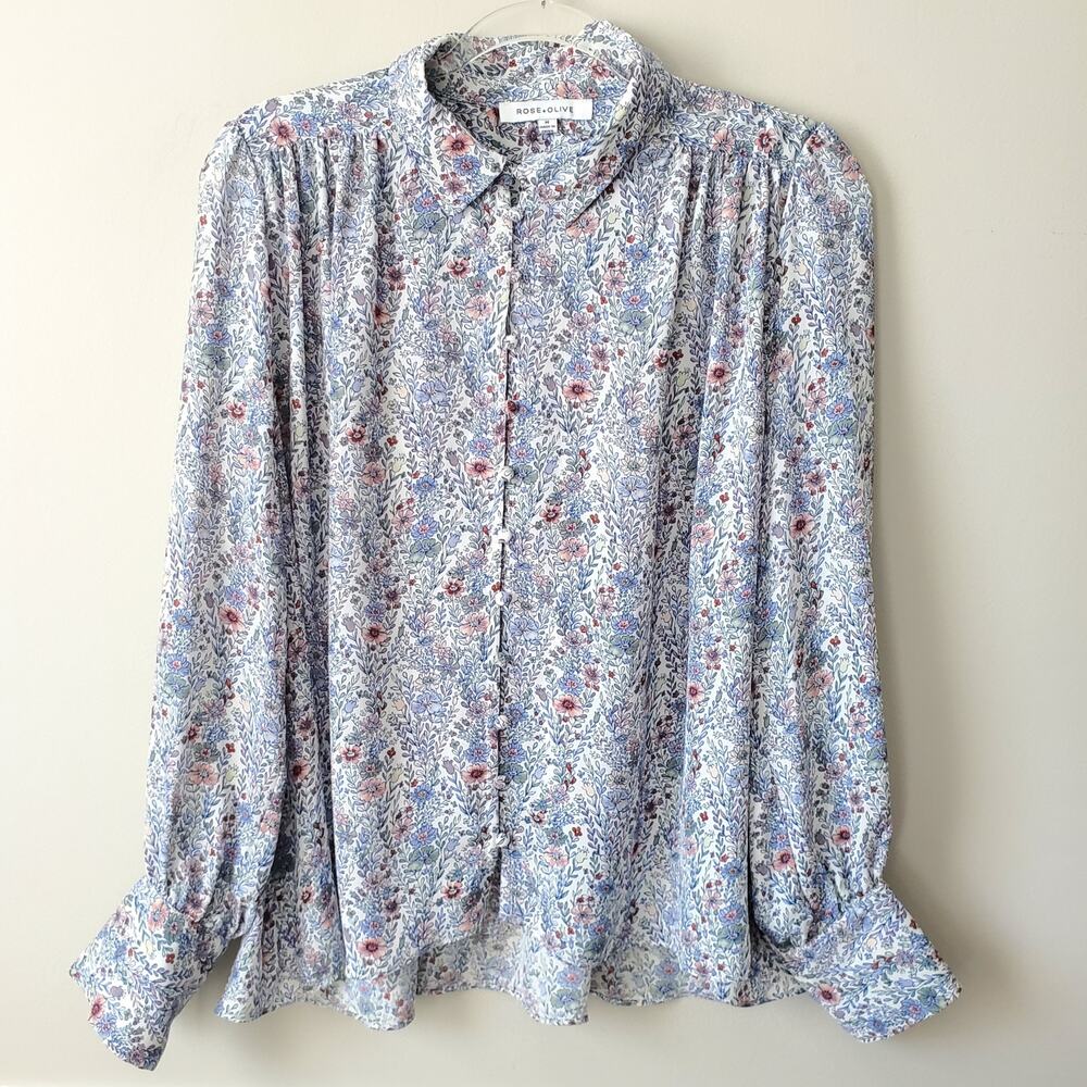 Women Rose Olive Ditsy Floral Button Blouse Top M Country Flowy Office Twee NEW